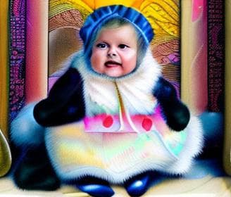 mdjrny-v4 style transform the baby into a hand painted digital portrait in classic storybook illustration style. keep her original facial features, chubby cheeks, joyful smile, and flower headband exactly as in the reference photo. dress her in a soft pastel pink dress with flowing brush textures. place her in a warm, fairytale inspired background with subtle textures and gentle lighting. use watercolor style strokes, soft outlines, and delicate shading. emphasize innocence, warmth, and expressive eyes in the illustration. no text, no logo.
