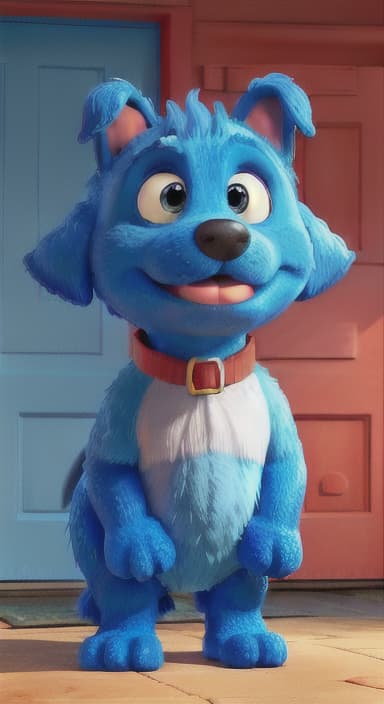  {Max the big blue dog standing in front of a cozy little house with a red door, The big blue dog is large with sky blue fur, big round eyes, a black nose, and floppy ears.