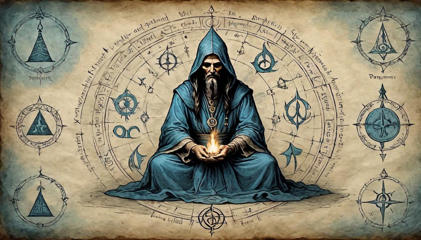  on parchment, surrealism+++, Sorcerer in ritual circle, ancient symbols, mystical energies, ceremonial atmosphere(mysterious, provocative, symbolic,muted color)+++