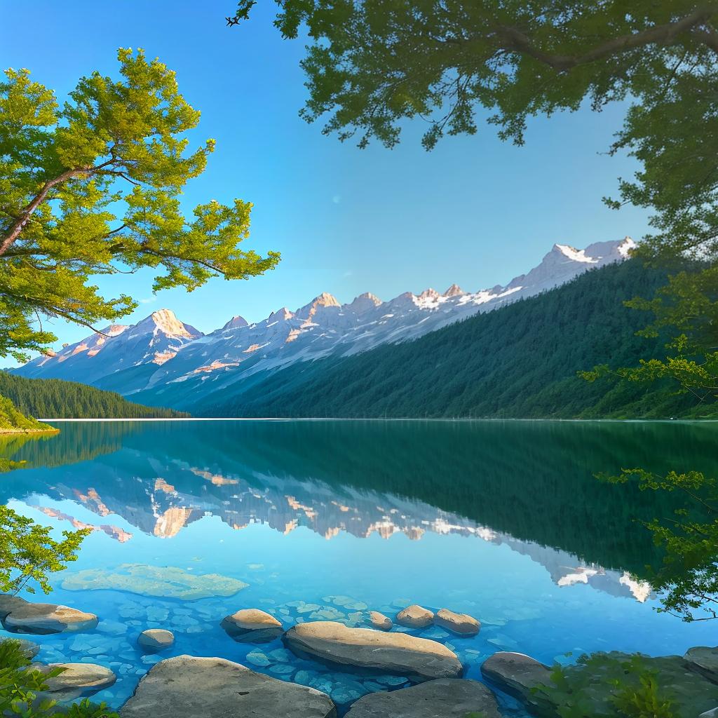  as a painting, Convey the serene majesty of towering mountains reflected in the crystal-clear waters of a tranquil alpine lake, using your unique artistic vision to evoke a sense of awe and tranquility.