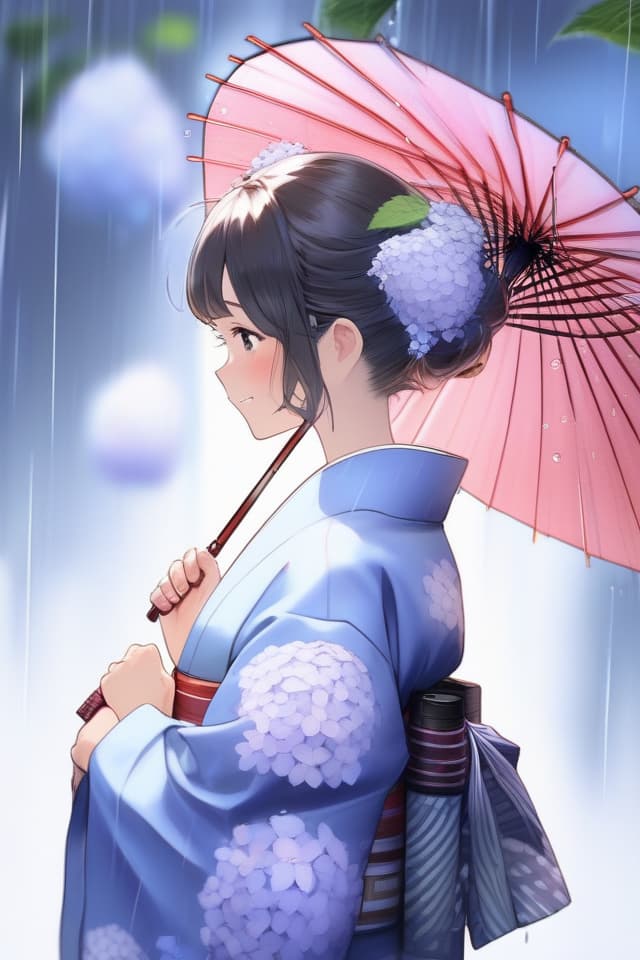  Girls, yukata, hydrangea, bright, gentle, rain, profile, Japanese umbrella