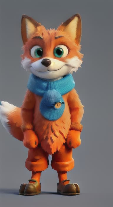  {Error the fox pressing the blue button with his paw, looking puzzled as nothing occurs., Error is a small, bright orange fox with a fluffy tail and big, inquisitive eyes. He has a mischievous yet kind expression and wears a tiny green scarf.