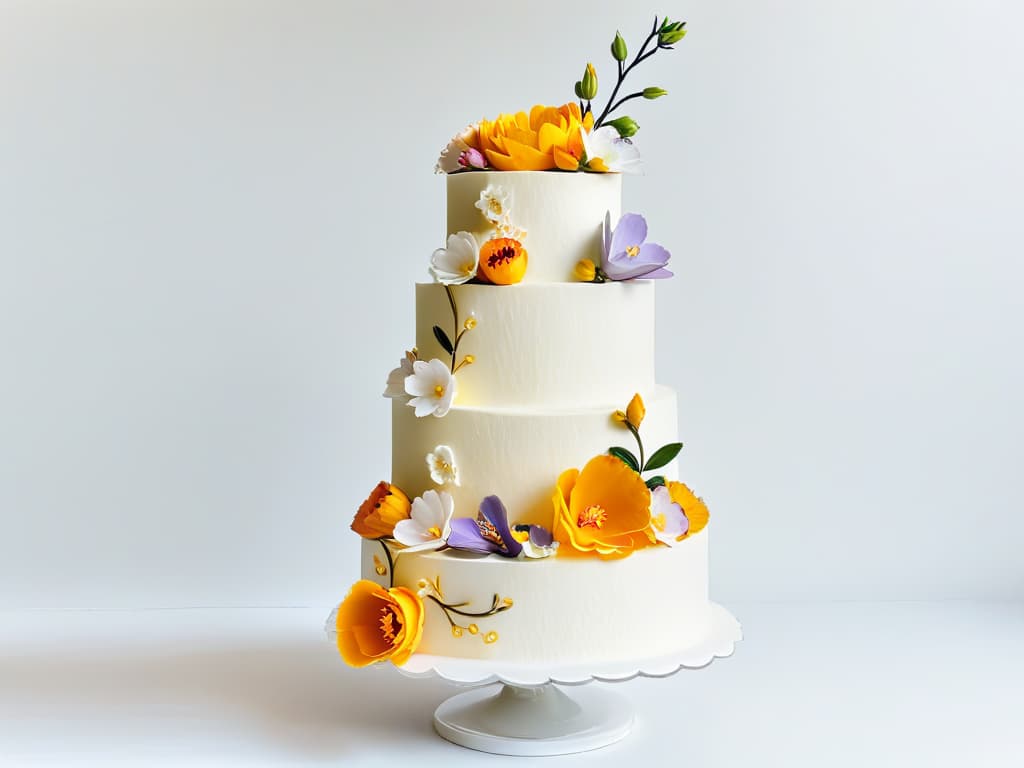  A beautifully intricate wedding cake adorned with delicate sugar flowers representing various cultures around the world, including cherry blossoms for Japan, marigolds for Mexico, and lavender for France. Each tier features a different traditional design symbolizing the fusion of global wedding dessert traditions. The cake is displayed on a sleek, modern cake stand against a clean, white background, emphasizing the elegant and minimalist aesthetic. hyperrealistic, full body, detailed clothing, highly detailed, cinematic lighting, stunningly beautiful, intricate, sharp focus, f/1. 8, 85mm, (centered image composition), (professionally color graded), ((bright soft diffused light)), volumetric fog, trending on instagram, trending on tumblr, HDR 4K, 8K