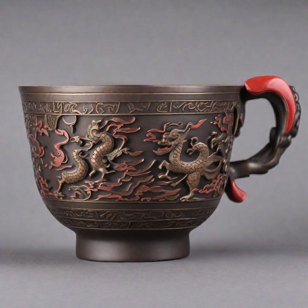  Masterpiece, best quality, design a creative product-water cup based on bronze ware of Shang and Zhou Dynasties or stone carving pattern elements of Shaanxi Province. Brand name: bronze Yingze. Color: bronze, bronze and rust, with a touch of bright red or yellow added to some parts. Core shape extraction: In the process of designing water cup, we deeply studied bronze ware of Shang and Zhou Dynasties and stone carving pattern of Shaanxi Province, and took these art forms with profound historical and cultural background as inspiration to extract their unique patterns and lines, and skillfully applied them to the design of modern water cup.