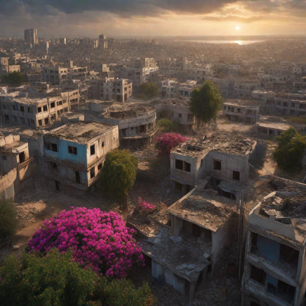  A picture of Gaza showing destroyed buildings and ruins from the war. Despite the destruction, colorful spring flowers are blooming everywhere, and trees are starting to green. There is a sense of hope and renewal amidst the ruins., night clouds, above city, atmospheric lighting, Octane Render a fantasy digital painting by James Gurney, trending on Artstation, hyperrealistic, realistic, photorealistic, dynamic lighting, highly detailed, cinematic landscape, studio lighting hyperrealistic, full body, detailed clothing, highly detailed, cinematic lighting, stunningly beautiful, intricate, sharp focus, f/1. 8, 85mm, (centered image composition), (professionally color graded), ((bright soft diffused light)), volumetric fog, trending on instagram, trending on tumblr, HDR 4K, 8K