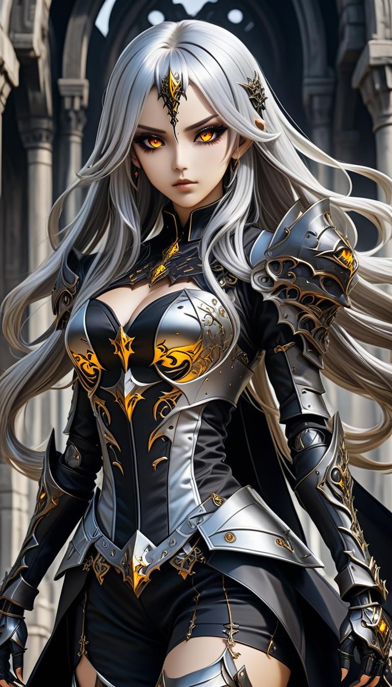  gothic style ((in detail)), ((masterpiece)), ((best quality)), ((Magnificent)), Breathtaking, Amazing, Anime, demonic creature (((full body))), born in the abyss of hell, a short and beautiful girl ((full height)), with brown skin, long silver hair, stern and hard gaze with golden eyes with vertical pupils, wears jet black open armor and helmet, half boots, long spear, moonlight, Night glow, Moon illumination, Moonlight, . dark, mysterious, haunting, dramatic, ornate, detailed hyperrealistic, full body, detailed clothing, highly detailed, cinematic lighting, stunningly beautiful, intricate, sharp focus, f/1. 8, 85mm, (centered image composition), (professionally color graded), ((bright soft diffused light)), volumetric fog, trending on instagram, trending on tumblr, HDR 4K, 8K