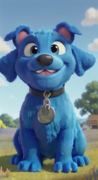  {A happy, big blue dog wagging its tail in a colorful meadow, The big blue dog is large with sky blue fur, big round eyes, a black nose, and floppy ears.