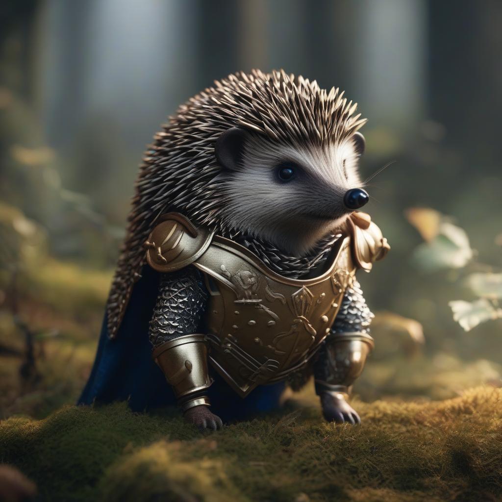  hedgehog in armor hyperrealistic, full body, detailed clothing, highly detailed, cinematic lighting, stunningly beautiful, intricate, sharp focus, f/1. 8, 85mm, (centered image composition), (professionally color graded), ((bright soft diffused light)), volumetric fog, trending on instagram, trending on tumblr, HDR 4K, 8K