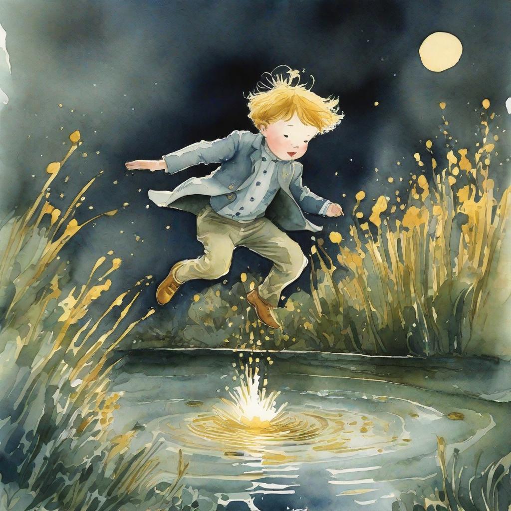  A cute s book watercolor ilration of a Boy coated in gold jumping into a pond. Quentin blake, Lulu Chen, Maurice sendak, Highly Detailed, Le pe prince, The prince. Exquisite lighting, clear focus, very coherent, character design, concept, atmospheric hyperrealistic, full body, detailed clothing, highly detailed, cinematic lighting, stunningly beautiful, intricate, sharp focus, f/1. 8, 85mm, (centered image composition), (professionally color graded), ((bright soft diffused light)), volumetric fog, trending on instagram, trending on tumblr, HDR 4K, 8K