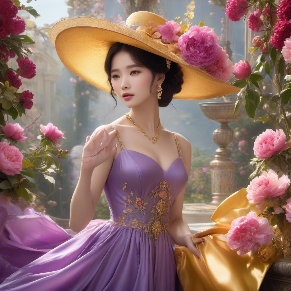  Singer IU. A very pretty girl. Purple silk dress, a flowing silk dress with scalades. Black silky hair in a ponytail. A golden gun in her hands. Purple dress, fitted dress. On her fingers a gold solid with a fillet stone. A purple hat on his head. A purple hat on his head. Alfonso Mucha, Honoré Fargonard.Lambrusco. A bottle of vine, glass. Rum roses, rosehips, rose hips, peonies, cherry tree, yellow, red, black flowers, forget me nots. A nice clear glass. ((Sparkling rim)): spring field, hyacinths, roses, rosehips, rose hips, peonies, cherry tree, yellow, red, black flowers, forget me nots. Nature in the background, spring, delight. Luxury, richness. High quality. Swarovski, pandora Rococo, realism. A masterpiece. The Ice Palace. Huge pala hyperrealistic, full body, detailed clothing, highly detailed, cinematic lighting, stunningly beautiful, intricate, sharp focus, f/1. 8, 85mm, (centered image composition), (professionally color graded), ((bright soft diffused light)), volumetric fog, trending on instagram, trending on tumblr, HDR 4K, 8K