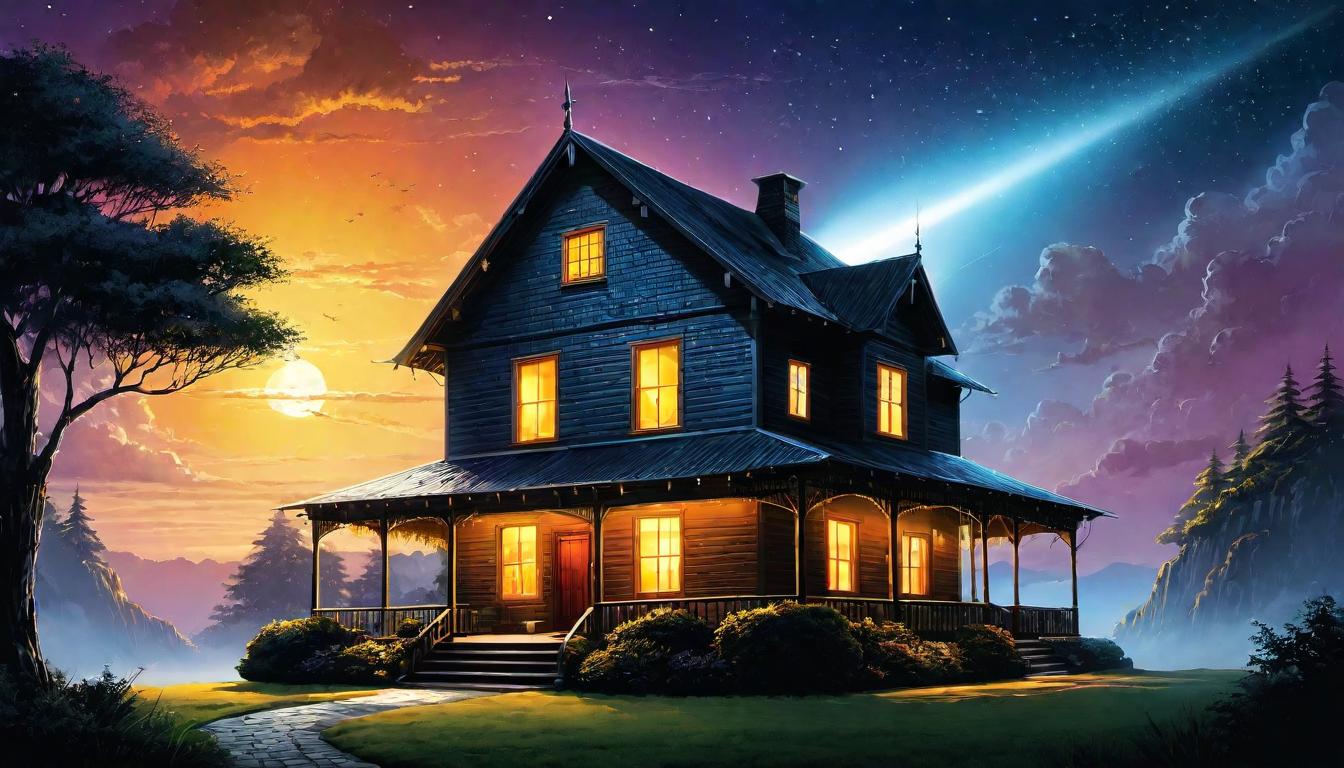  （surrealism)Vivid, bright protective light enveloping a house, light beams softly radiating, house detailed with fine lines, night setting, warm glow, secure and safe atmosphere mystic, intricate details, best quality)