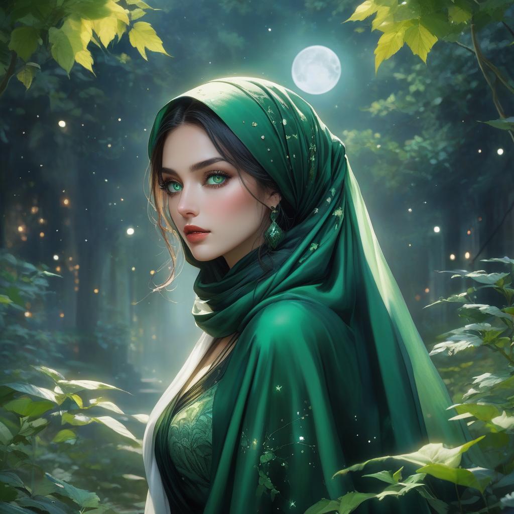  cinematic photo In a garden of emerald, a vision serene, A lady in green, a living dream. A headscarf of jade, gracefully tied, Like nature's embrace, where beauty resides. Her eyes, deep pools of verdant grace, Reflect the hues of a tranquil space. In shades of moss, her attire weaves, A tapestry of calm, like rustling leaves. mystical watercolor painting girl with deep green eyes, green head scarf and shawl, at mysticaldark deep dark black night, full moon, stars, flow, watercolor, detailed matte painting, deep color, fantastical, intricate detail, splash screen, complementary colors, fantasy concept art, 8k resolution trending on Artstation Unreal Engine 5 . 35mm photograph, film, bokeh, professional, 4k, highly detailed hyperrealistic, full body, detailed clothing, highly detailed, cinematic lighting, stunningly beautiful, intricate, sharp focus, f/1. 8, 85mm, (centered image composition), (professionally color graded), ((bright soft diffused light)), volumetric fog, trending on instagram, trending on tumblr, HDR 4K, 8K