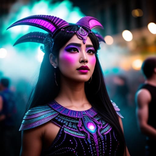  alien goddess, dancing at a rave, multicolor, psychedelic , intricate details, photorealistic,hyperrealistic, high quality, highly detailed, cinematic lighting, intricate, sharp focus, f/1. 8, 85mm, (centered image composition), (professionally color graded), ((bright soft diffused light)), volumetric fog, trending on instagram, HDR 4K, 8K
