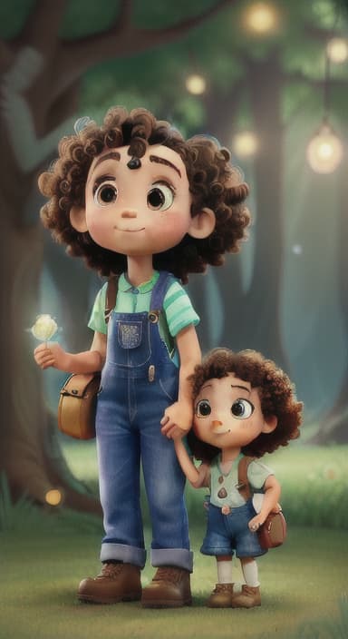  {The tree shining brightly and releasing a gentle, magical light., Riley, a curious with big brown eyes and curly hair, wearing overalls and carrying a small backpack. Their friend, Skye, a bluebird with shiny feathers.