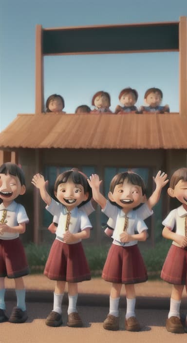  {A heartwarming scene of all the children waving goodbye with happy expressions., Children waving with wide smiles, looking grateful and content.