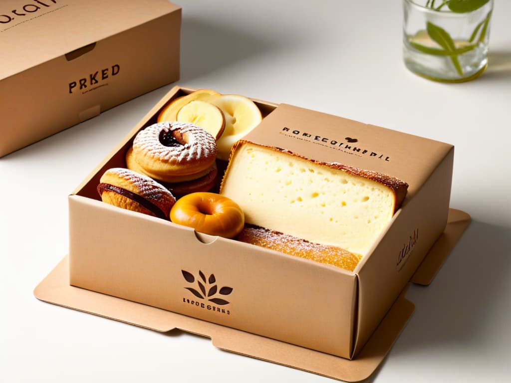  A highresolution, ultradetailed image of a beautifully crafted ecofriendly packaging design for pastries and desserts, featuring earthy tones, natural materials like recycled paper or cardboard, and a modern, sleek aesthetic. The packaging is shown elegantly displaying a variety of delicious baked goods, showcasing the perfect blend of sustainability and style in the world of ecofriendly dessert packaging. hyperrealistic, full body, detailed clothing, highly detailed, cinematic lighting, stunningly beautiful, intricate, sharp focus, f/1. 8, 85mm, (centered image composition), (professionally color graded), ((bright soft diffused light)), volumetric fog, trending on instagram, trending on tumblr, HDR 4K, 8K