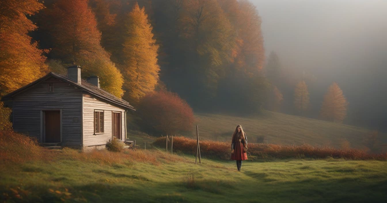  autumn. a small country house. a girl with long hair in a dress stands. skis stand nearby hyperrealistic, full body, detailed clothing, highly detailed, cinematic lighting, stunningly beautiful, intricate, sharp focus, f/1. 8, 85mm, (centered image composition), (professionally color graded), ((bright soft diffused light)), volumetric fog, trending on instagram, trending on tumblr, HDR 4K, 8K