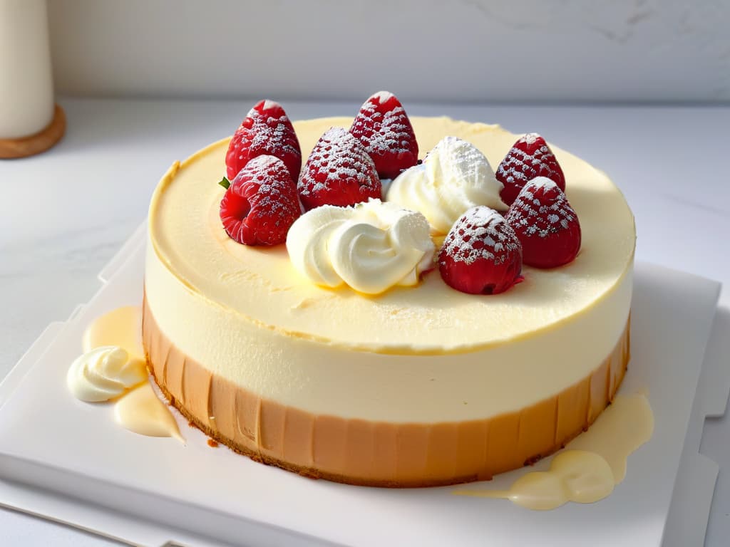  A closeup, ultradetailed image of a perfectly sliced New Yorkstyle cheesecake on a sleek, white marble serving plate. The cheesecake is rich and creamy, with a goldenbrown, slightly cracked top. Each slice is garnished with a dollop of whipped cream, a fresh raspberry, and a mint leaf, showcasing the decadent texture and rich flavor of this classic dessert. The background is softly blurred, emphasizing the elegant simplicity and indulgent appeal of this authentic New York cheesecake. hyperrealistic, full body, detailed clothing, highly detailed, cinematic lighting, stunningly beautiful, intricate, sharp focus, f/1. 8, 85mm, (centered image composition), (professionally color graded), ((bright soft diffused light)), volumetric fog, trending on instagram, trending on tumblr, HDR 4K, 8K