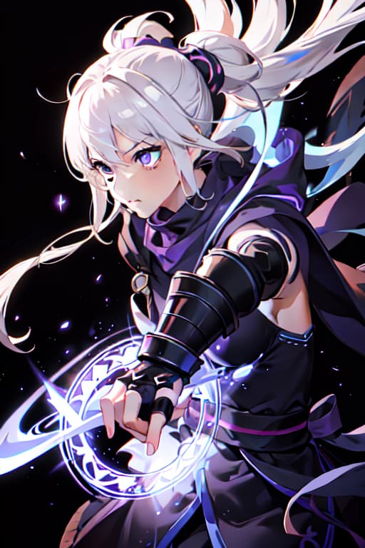  upper body, 1girl, white hair, ponytail, purple eyes, (ninja), short sword, medium breats ,scarf, wallpaper, magic circle background, light particles, blue fire hyperrealistic, full body, detailed clothing, highly detailed, cinematic lighting, stunningly beautiful, intricate, sharp focus, f/1. 8, 85mm, (centered image composition), (professionally color graded), ((bright soft diffused light)), volumetric fog, trending on instagram, trending on tumblr, HDR 4K, 8K