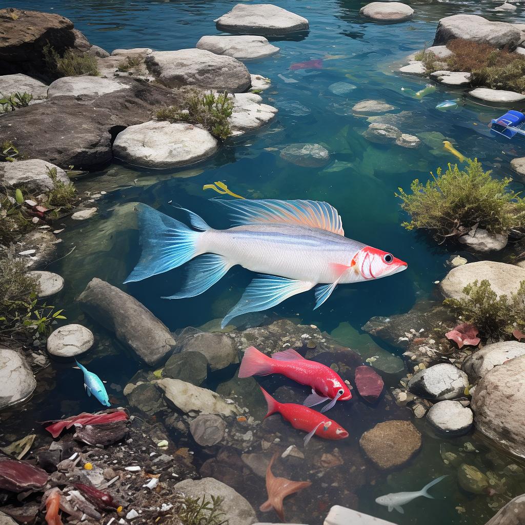  A freshwater fish in a heavily polluted lake with only a few intact pieces of meat and white bones everywhere else, with plastic bottles and garbage bags in its mouth