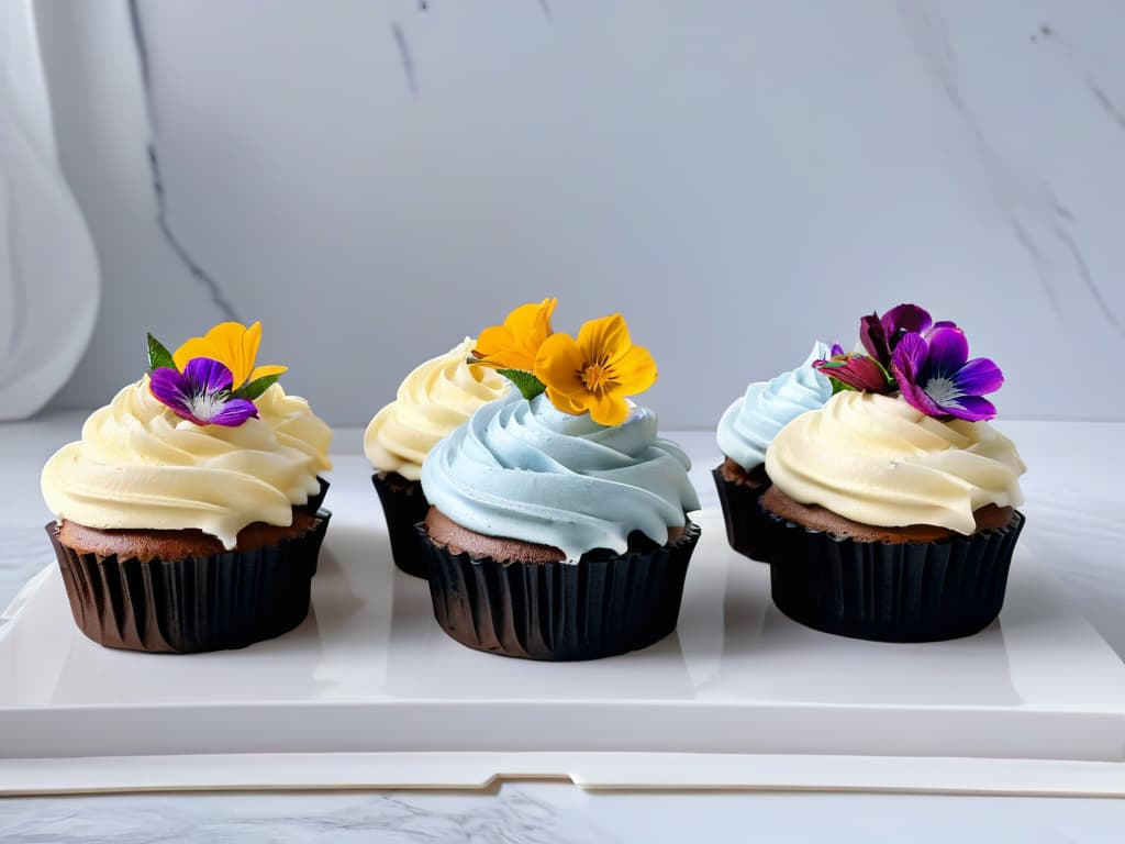  A beautifully styled minimalist image featuring a row of freshly baked vegan cupcakes with perfectly piped swirls of dairyfree frosting in pastel colors, elegantly displayed on a sleek marble countertop. Each cupcake is garnished with a delicate sprinkle of edible flowers, adding a touch of elegance to the scene. The soft natural lighting enhances the textures of the cupcakes and highlights the glossy finish of the frosting, creating a visually appealing and appetizing composition that evokes a sense of sophistication and artistry in vegan baking. hyperrealistic, full body, detailed clothing, highly detailed, cinematic lighting, stunningly beautiful, intricate, sharp focus, f/1. 8, 85mm, (centered image composition), (professionally color graded), ((bright soft diffused light)), volumetric fog, trending on instagram, trending on tumblr, HDR 4K, 8K