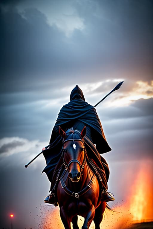  Grim reaper in dark cloak blowing in the wind. While riding a bucking bronco like a cowboy. The bronco has his front legs down and back legs up hyperrealistic, full body, detailed clothing, highly detailed, cinematic lighting, stunningly beautiful, intricate, sharp focus, f/1. 8, 85mm, (centered image composition), (professionally color graded), ((bright soft diffused light)), volumetric fog, trending on instagram, trending on tumblr, HDR 4K, 8K