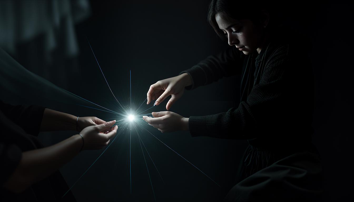  cinematic, aesthetic, A delicate, translucent puppet master hand, strings connected to human figures below, sense of silent control, ethereal atmosphere, power dynamics, subtle influence, 4k, HDR, lens flare