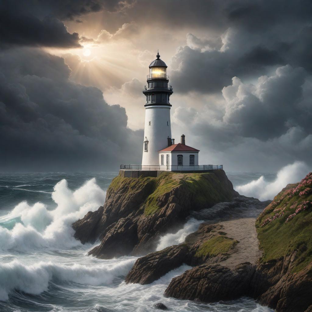  Generate an image that visually represents the concept of hope. The scene should be of a lighthouse standing firm on a rocky cliff, with a stormy sea in the background. Despite the tumultuous waves and the dark, brooding clouds, a beam of light from the lighthouse cuts through the darkness, symbolizing guidance and the promise of safer shores. The foreground should feature a single delicate flower growing out of the rock, defying the odds - a metaphor for resilience and the enduring power of hope. The overall atmosphere should convey the idea that even in the toughest situations, there is a light that can lead us to safety and peace. hyperrealistic, full body, detailed clothing, highly detailed, cinematic lighting, stunningly beautiful, intricate, sharp focus, f/1. 8, 85mm, (centered image composition), (professionally color graded), ((bright soft diffused light)), volumetric fog, trending on instagram, trending on tumblr, HDR 4K, 8K