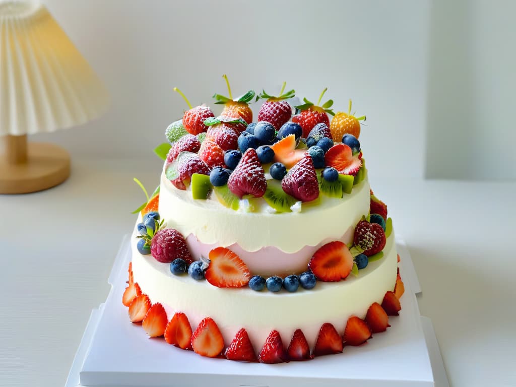  An intricately designed tiered cake made entirely of fresh, vibrant fruits such as strawberries, blueberries, kiwi, and raspberries, meticulously arranged in a visually stunning pattern. The fruits glisten with a light glaze, and the cake is garnished with delicate edible flowers, creating a striking and elegant centerpiece. Each fruit slice is perfectly cut, showcasing its juicy texture and natural colors, making it an enticing and mouthwatering sight for any healthconscious dessert enthusiast. hyperrealistic, full body, detailed clothing, highly detailed, cinematic lighting, stunningly beautiful, intricate, sharp focus, f/1. 8, 85mm, (centered image composition), (professionally color graded), ((bright soft diffused light)), volumetric fog, trending on instagram, trending on tumblr, HDR 4K, 8K