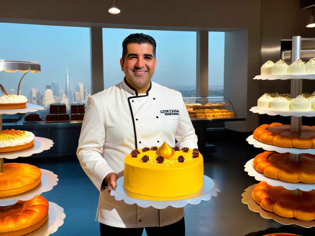  A minimalist, ultradetailed 8K image of Buddy Valastro standing proudly in front of a bustling bakery, surrounded by intricately decorated cakes of various sizes and colors. The background shows a glimpse of the city skyline, capturing the essence of his journey from a small bakery to global fame. Buddy is wearing his signature chef's coat and a warm smile, radiating passion and success in the art of baking. hyperrealistic, full body, detailed clothing, highly detailed, cinematic lighting, stunningly beautiful, intricate, sharp focus, f/1. 8, 85mm, (centered image composition), (professionally color graded), ((bright soft diffused light)), volumetric fog, trending on instagram, trending on tumblr, HDR 4K, 8K