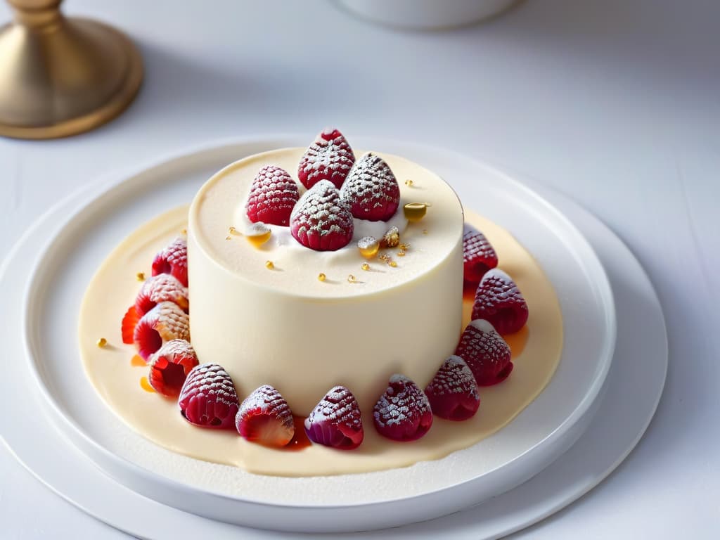  A closeup, ultradetailed photograph of a perfectly set and glossy panna cotta dessert, delicately garnished with a single vibrant raspberry and a sprinkle of edible gold leaf. The smooth surface of the creamy dessert reflects the soft ambient light, showcasing the intricate details of its velvety texture and capturing the viewer's attention with its elegant simplicity. hyperrealistic, full body, detailed clothing, highly detailed, cinematic lighting, stunningly beautiful, intricate, sharp focus, f/1. 8, 85mm, (centered image composition), (professionally color graded), ((bright soft diffused light)), volumetric fog, trending on instagram, trending on tumblr, HDR 4K, 8K