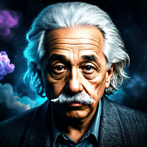  albert einstein smoking a joint while levitating in midair, hallucinations of math formulas and equations and cosmic galaxies float in the air surrounding him, volumetric smoke, psychedelic photorealism, background starry night, theme Van Gogh starry night painting, art style of background in that of Van Gogh's Starry Night, , intricate details, photorealistic,hyperrealistic, high quality, highly detailed, cinematic lighting, intricate, sharp focus, f/1. 8, 85mm, (centered image composition), (professionally color graded), ((bright soft diffused light)), volumetric fog, trending on instagram, HDR 4K, 8K