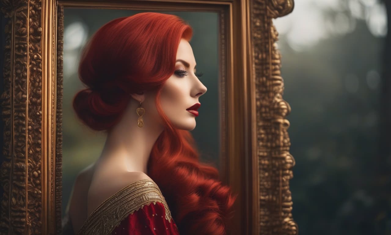  Create a photo in a vintage style, a girl with red hair bows her head down, her face is hidden behind her hair, and she holds a vintage style, empty frame in front of her, looking through it. hyperrealistic, full body, detailed clothing, highly detailed, cinematic lighting, stunningly beautiful, intricate, sharp focus, f/1. 8, 85mm, (centered image composition), (professionally color graded), ((bright soft diffused light)), volumetric fog, trending on instagram, trending on tumblr, HDR 4K, 8K