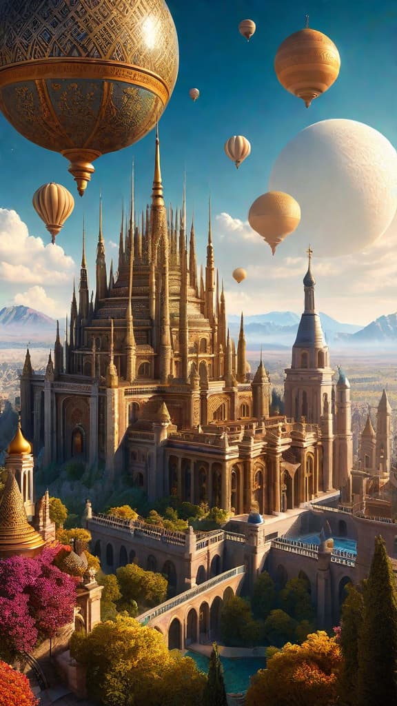  (A grand and opulent city, with towering spires and domes reaching up into the sky. The architecture is ornate and intricate, featuring detailed carvings, arches, and intricate patterns. The buildings appear to be powered by some form of atmospheric energy, with glowing spheres or rods visible on the structures. The city is set against a backdrop of rolling hills or mountains, with a hazy, almost otherworldly atmosphere. The scene conveys a sense of an advanced, technologically sophisticated civilization that has been hidden from the modern world.) hyperrealistic, full body, detailed clothing, highly detailed, cinematic lighting, stunningly beautiful, intricate, sharp focus, f/1. 8, 85mm, (centered image composition), (professionally color graded), ((bright soft diffused light)), volumetric fog, trending on instagram, trending on tumblr, HDR 4K, 8K