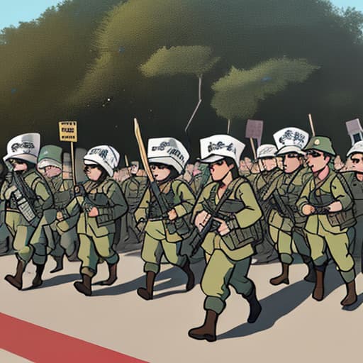 soldados marchando em um lugar de destruição