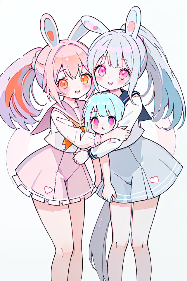  Rabbit ears,friends,smiles,beautiful girls,2 people,(orange eyes,light blue hair,perm,ponytail,),(pink eyes,gray hair,long hair,),cute,good friends,hugging each other,sailor suit,cuteRabbit ears,friends,smiles,beautiful girls,2 people,(orange eyes,light blue hair,perm,ponytail,),(pink eyes,gray hair,long hair,),cute,good friends,hugging each other,sailor suit,cute(absurd detailed:1.4、best quality:1.4、masterpiece:1.4)、The same height、