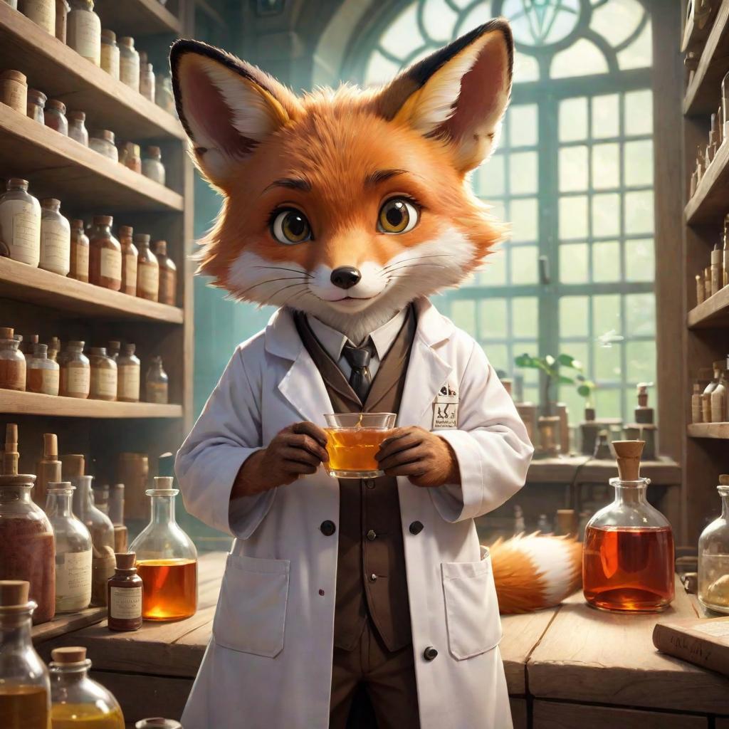  upper body, fox Cheeseville, Soft Alchemical Glow, Curious and Inquisitive, Tiny and Nimble, Whiskers and Bright Eyes, Scientific Lab Coat with a Pocket Protector, Alchemical Laboratory with Potion filled Shelves, Chemist and Alchemist in the Mouse Lab