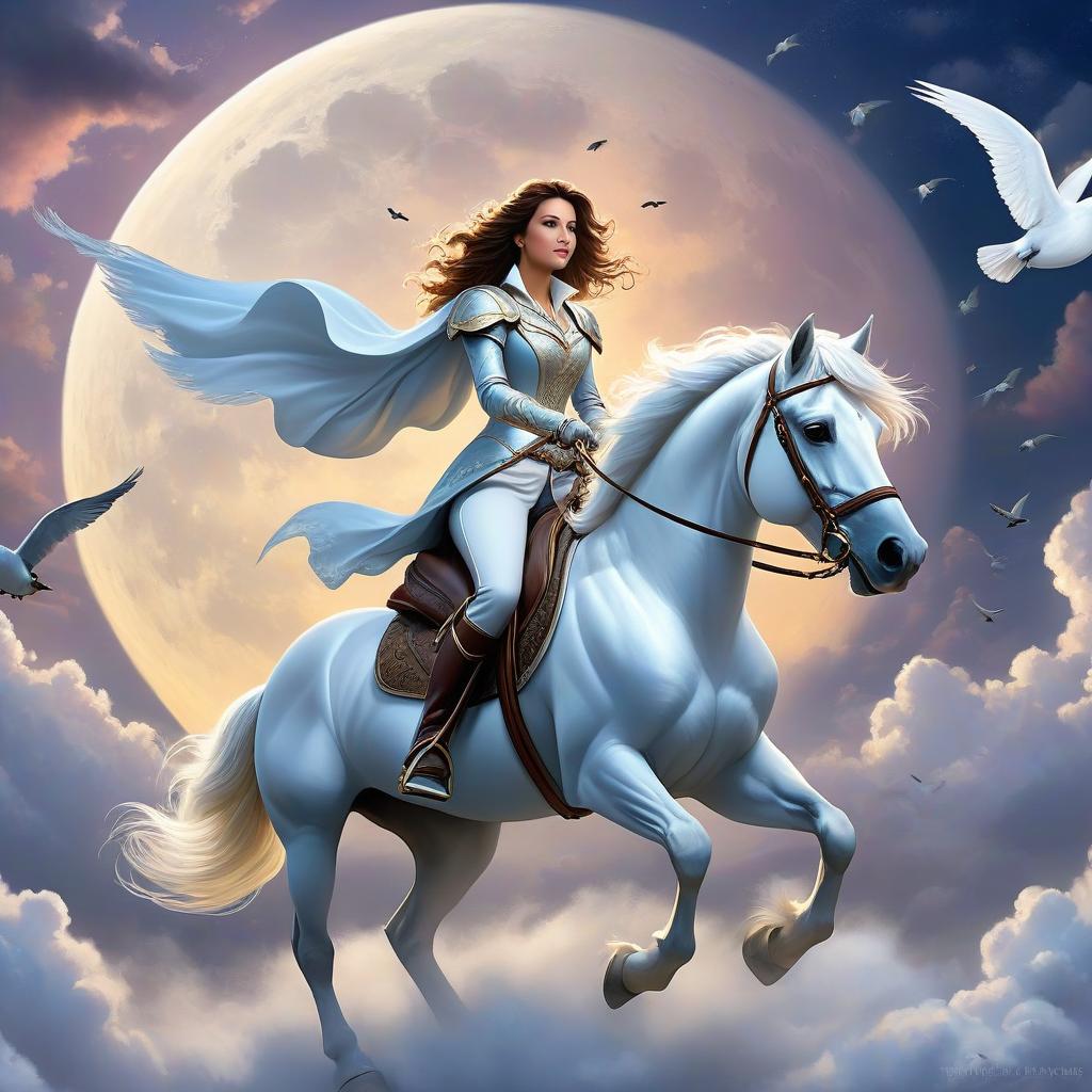  ethereal fantasy concept art of Surreal scene, young couple riding a white horse, among clouds and flying birds under a giant moon. ethereal fantasy hyperdetailed mist Thomas Kinkade . magnificent, celestial, ethereal, painterly, epic, majestic, magical, fantasy art, cover art, dreamy hyperrealistic, full body, detailed clothing, highly detailed, cinematic lighting, stunningly beautiful, intricate, sharp focus, f/1. 8, 85mm, (centered image composition), (professionally color graded), ((bright soft diffused light)), volumetric fog, trending on instagram, trending on tumblr, HDR 4K, 8K