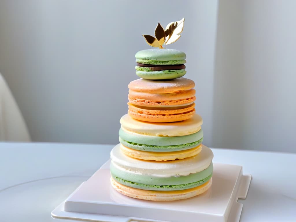  A closeup, ultradetailed image of a delicate French macaron tower, showcasing a variety of pastel colors and intricate designs. Each macaron is perfectly formed, with a glossy finish and dusted with edible gold flakes. The tower is elegantly displayed on a sleek, modern marble platter, with soft natural light illuminating the scene to enhance the vibrant colors and textures of the macarons. hyperrealistic, full body, detailed clothing, highly detailed, cinematic lighting, stunningly beautiful, intricate, sharp focus, f/1. 8, 85mm, (centered image composition), (professionally color graded), ((bright soft diffused light)), volumetric fog, trending on instagram, trending on tumblr, HDR 4K, 8K