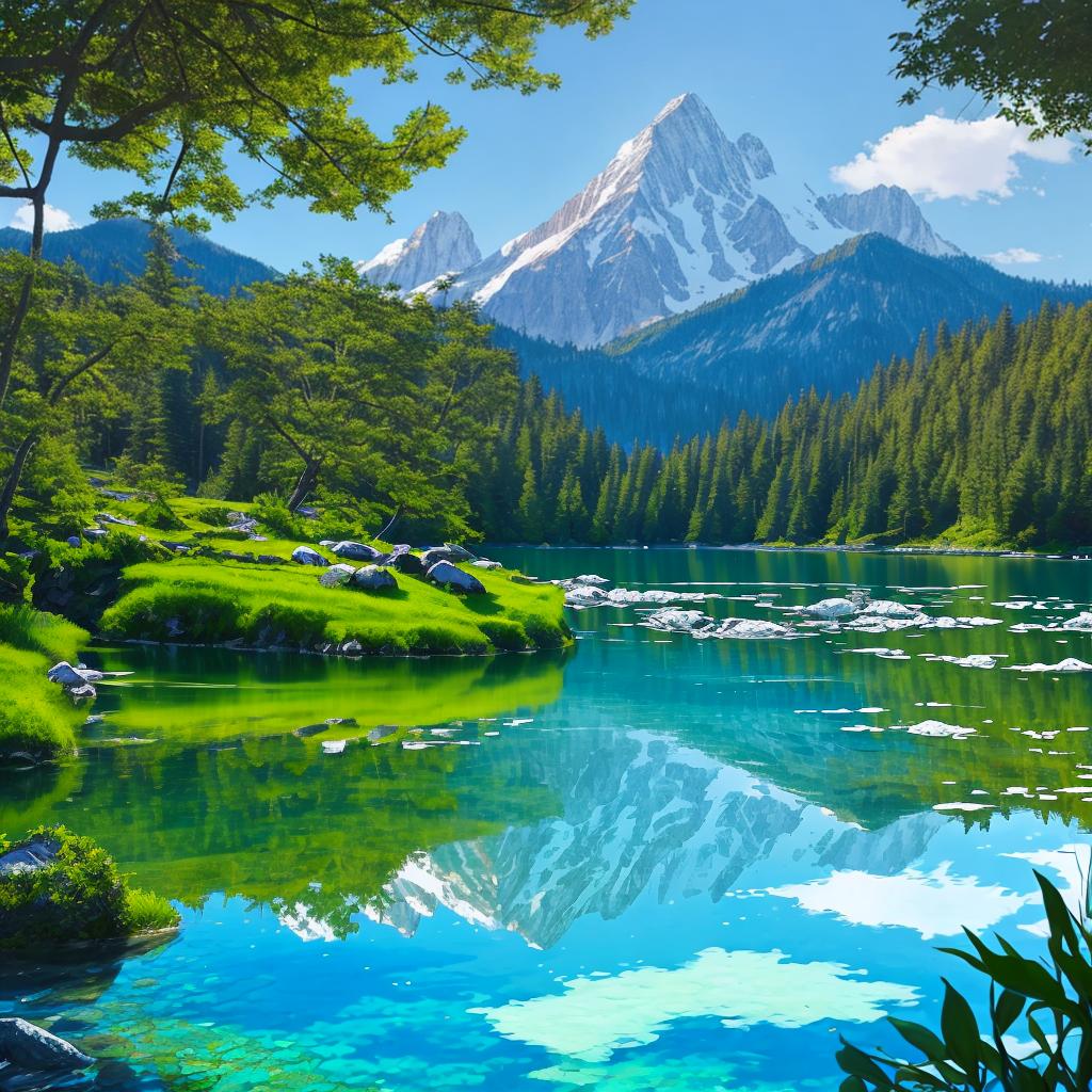  as a painting, Convey the serene majesty of towering mountains reflected in the crystal-clear waters of a tranquil alpine lake, using your unique artistic vision to evoke a sense of awe and tranquility.