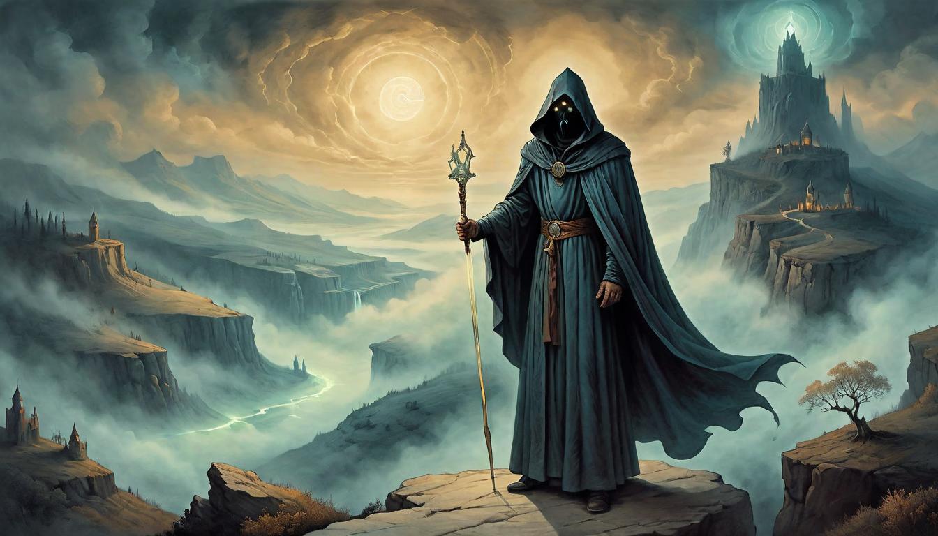  on parchment, surrealism+++, A robed and hooded figure with glowing eyes, standing at the edge of a cliff, overlooking a surreal landscape, swirling mists, ethereal glow, atmosphere of grandeur(mysterious, provocative, symbolic,muted color)+++