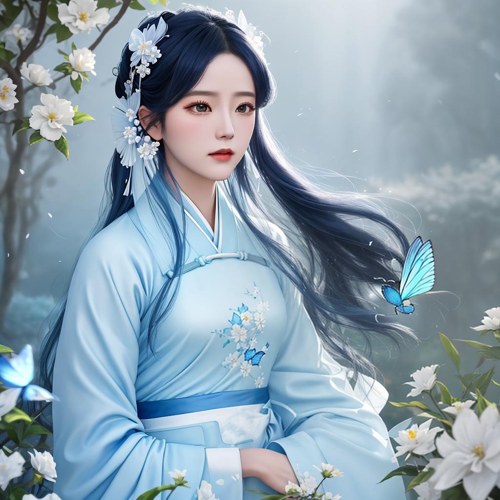  masterpiece, best quality, (Fidelity: 1.4), Best Quality, Masterpiece, Ultra High Resolution, Poster, Fantasy Art, Very Detailed Faces, 8k resolution, Chinese Style, An woman, Side Face, Quiet, Light Blue Hanfu, Tulle Coat, Long Black Hair, Light Blue Fringed Hair Ornament, Hairpin, White Ribbon, White Flower Bush, Light Blue Butterfly Flying, cinematic lighting effects