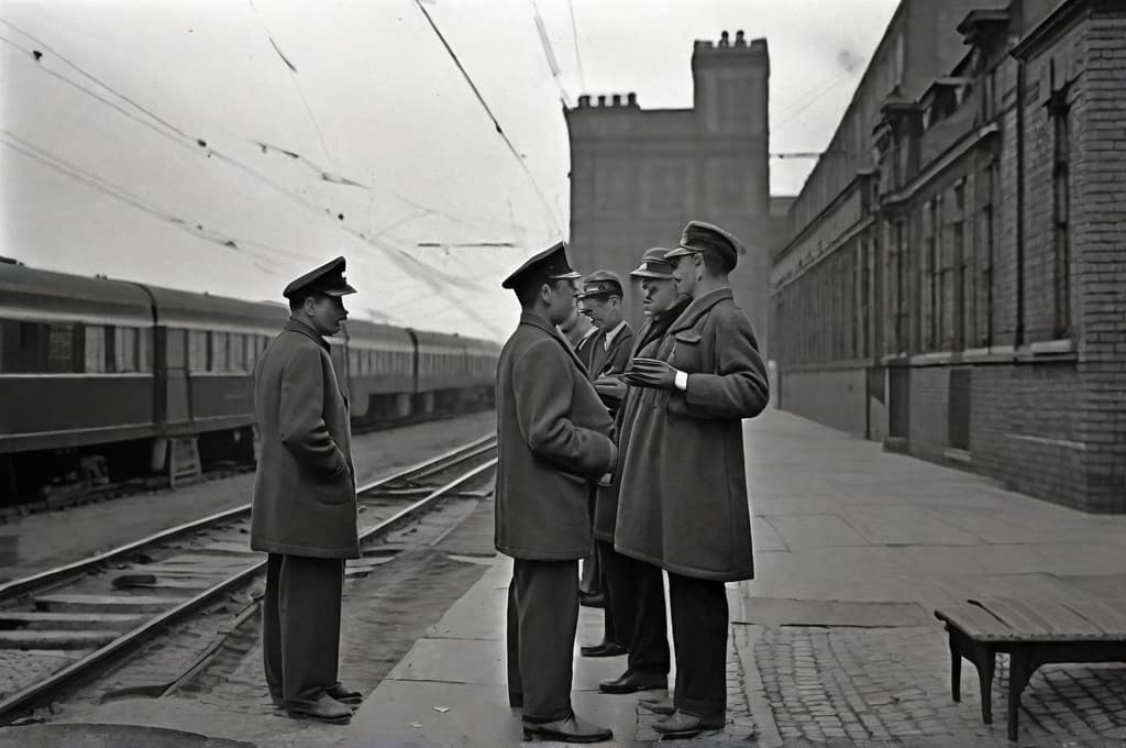  This black and white photograph captures a scene that appears to be from the mid 20th century, depicting a group of men in uniform, most likely railway or transit workers, during a moment of break or discussion. The setting has an urban feel, possibly at a railway station. There are several focal points in the image: 1. On the left side, three men are standing and engaged in a conversation. Two of them, wearing peaked caps and overcoats, are facing each other, presumably sharing information or instructions. The third man is slightly in the background, observing or waiting for his turn to join the conversation. 2. In the center, three men are seated on a bench. All are also dressed in uniform, bearing caps and overcoats. They appear to be 