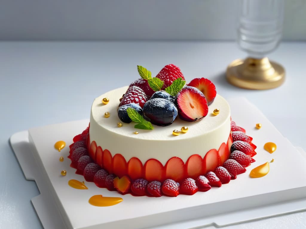  An ultradetailed image of a delicate, meticulously crafted gourmet pastry sitting on a sleek, modern plate. The pastry is adorned with intricate swirls of colorful fruit coulis, topped with edible gold leaf flakes, and garnished with fresh mint leaves. The background is a soft focus to emphasize the exquisite details of the dessert, with subtle shadows that enhance the overall aesthetic. This image captures the perfect balance between indulgence and wellness in gourmet pastry, appealing to the senses and showcasing the artistry of balanced indulgence in culinary creations. hyperrealistic, full body, detailed clothing, highly detailed, cinematic lighting, stunningly beautiful, intricate, sharp focus, f/1. 8, 85mm, (centered image composition), (professionally color graded), ((bright soft diffused light)), volumetric fog, trending on instagram, trending on tumblr, HDR 4K, 8K