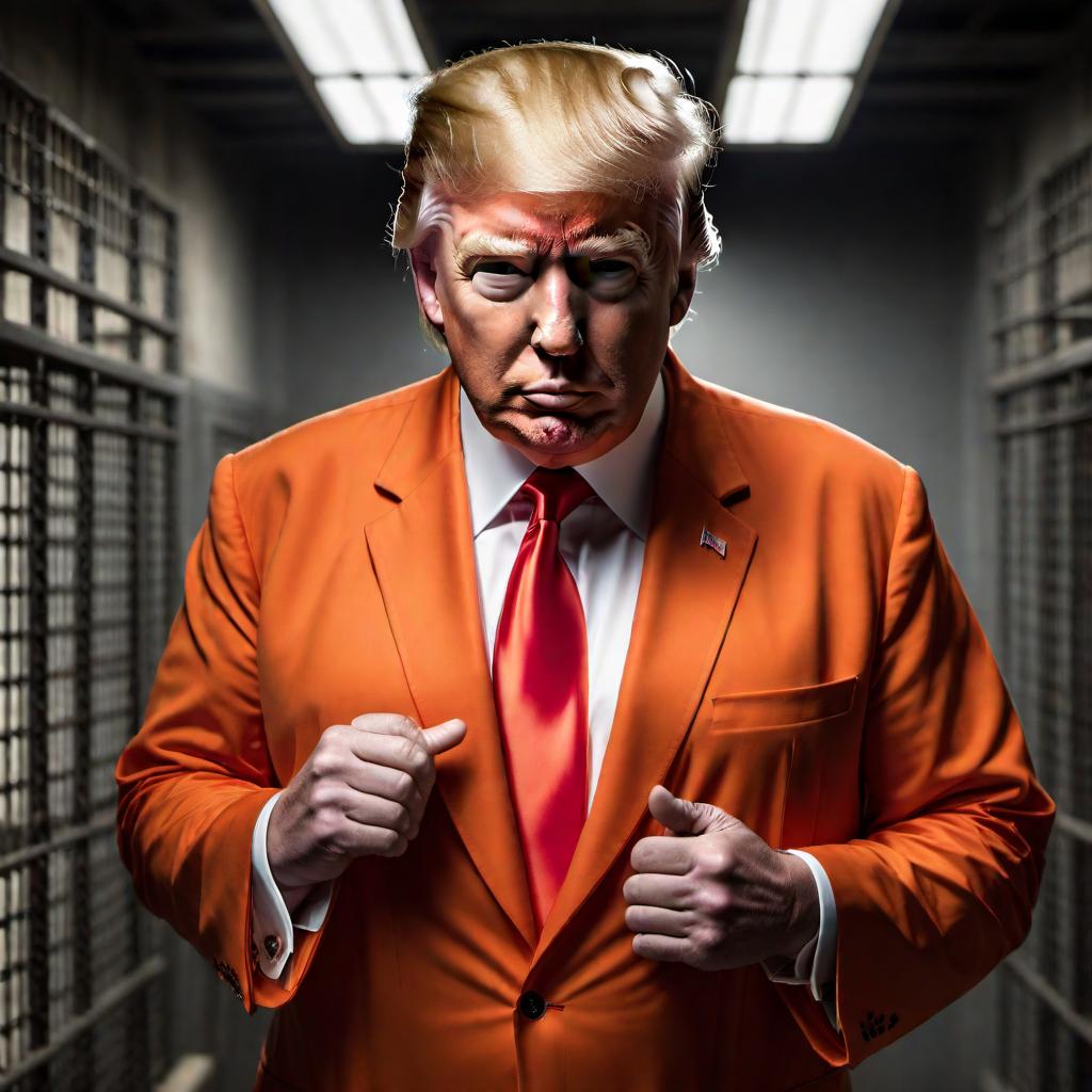  Donald Trump in a prison cell, wearing an orange jumpsuit. hyperrealistic, full body, detailed clothing, highly detailed, cinematic lighting, stunningly beautiful, intricate, sharp focus, f/1. 8, 85mm, (centered image composition), (professionally color graded), ((bright soft diffused light)), volumetric fog, trending on instagram, trending on tumblr, HDR 4K, 8K