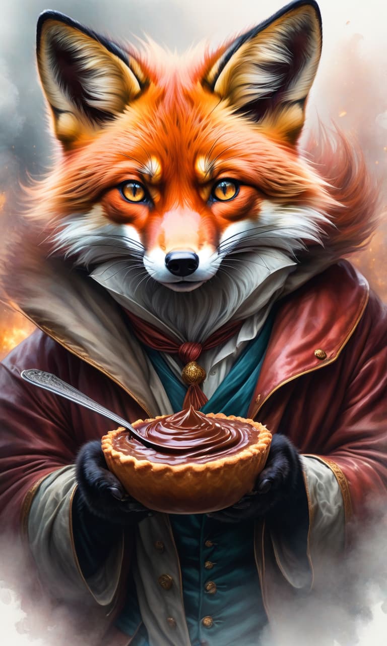  Digital illustration in ink and watercolor on vellum. Beautiful, majestic, mystical, epic :: detailed A beautiful fluffy fox is eating chocolate. Realistic, great light, beautiful eyes.. Detailed detailing. Stylistics: fairy tale, dream, fantasy, modern. In the manner of Peter Papikhin, Fragonard and Van Gogh. High quality, HDR. hyperrealistic, full body, detailed clothing, highly detailed, cinematic lighting, stunningly beautiful, intricate, sharp focus, f/1. 8, 85mm, (centered image composition), (professionally color graded), ((bright soft diffused light)), volumetric fog, trending on instagram, trending on tumblr, HDR 4K, 8K