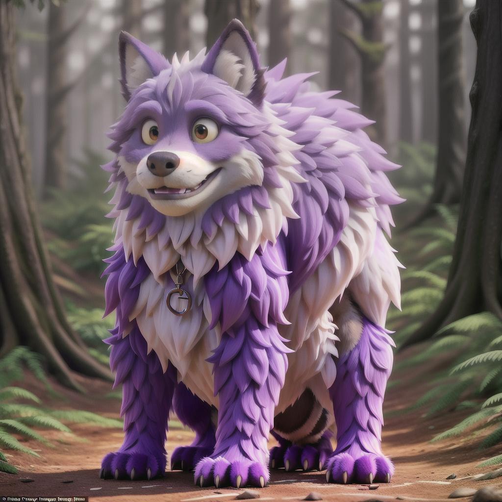  A beautiful, furry anthropomorphic wolf in a forest, bare, , large s, baring teeth, purple fur, slit hyperrealistic, full body, detailed clothing, highly detailed, cinematic lighting, stunningly beautiful, intricate, sharp focus, f/1. 8, 85mm, (centered image composition), (professionally color graded), ((bright soft diffused light)), volumetric fog, trending on instagram, trending on tumblr, HDR 4K, 8K