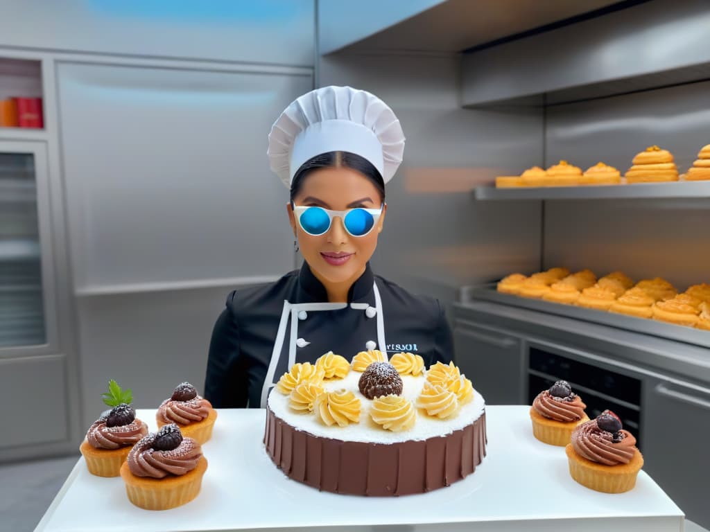  An ultradetailed image of a sleek, modern kitchen with a minimalist design featuring hightech augmented reality glasses worn by a pastry chef, surrounded by holographic images of various elaborate cake designs floating in the air. The chef, with a focused expression, is reaching out to interact with one of the virtual cakes, showcasing the seamless integration of technology and culinary artistry in the realm of augmented reality pastry design. The color palette is a sophisticated blend of muted tones, emphasizing the futuristic and innovative nature of the concept. hyperrealistic, full body, detailed clothing, highly detailed, cinematic lighting, stunningly beautiful, intricate, sharp focus, f/1. 8, 85mm, (centered image composition), (professionally color graded), ((bright soft diffused light)), volumetric fog, trending on instagram, trending on tumblr, HDR 4K, 8K