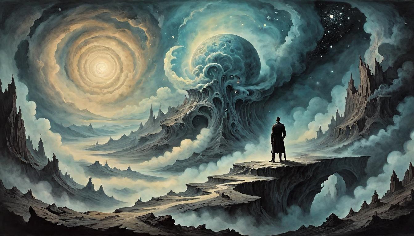  on parchment, surrealism+++, Shadowy human figure, standing at the edge of a precipice, vast swirling nebula above, figure devoid of facial features, representing ego dissolution, dark, enigmatic, transformative(mysterious, provocative, symbolic,muted color)+++