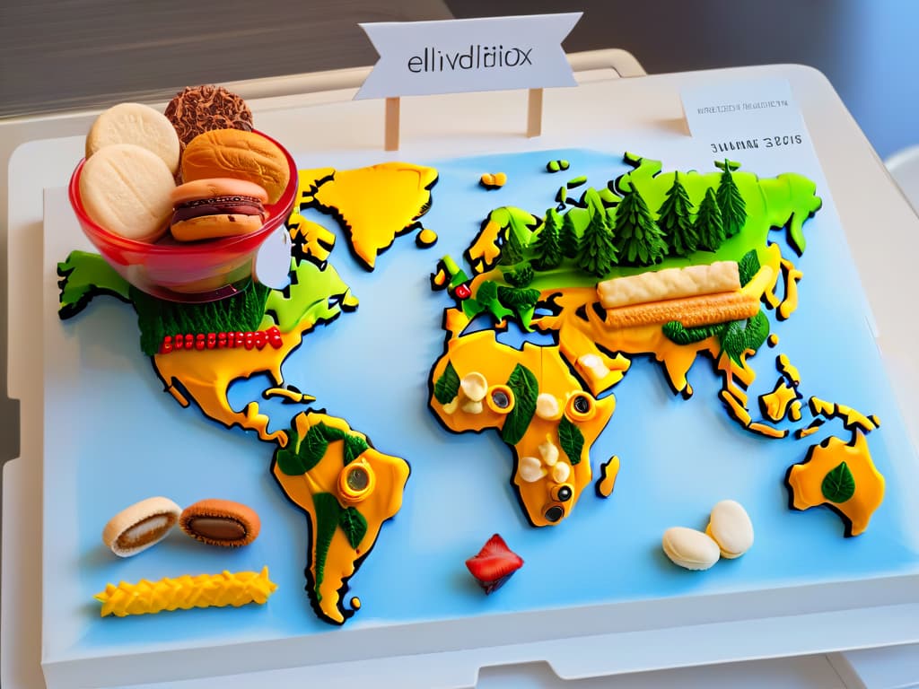  An ultradetailed, minimalistic image of a global map made entirely out of colorful and intricately decorated pastries, showcasing the diversity and creativity of pastry chefs at global festivals. Each country is represented by a unique pastry creation, from macarons in France to churros in Spain, creating a visually stunning and mouthwatering display of international pastry artistry. hyperrealistic, full body, detailed clothing, highly detailed, cinematic lighting, stunningly beautiful, intricate, sharp focus, f/1. 8, 85mm, (centered image composition), (professionally color graded), ((bright soft diffused light)), volumetric fog, trending on instagram, trending on tumblr, HDR 4K, 8K